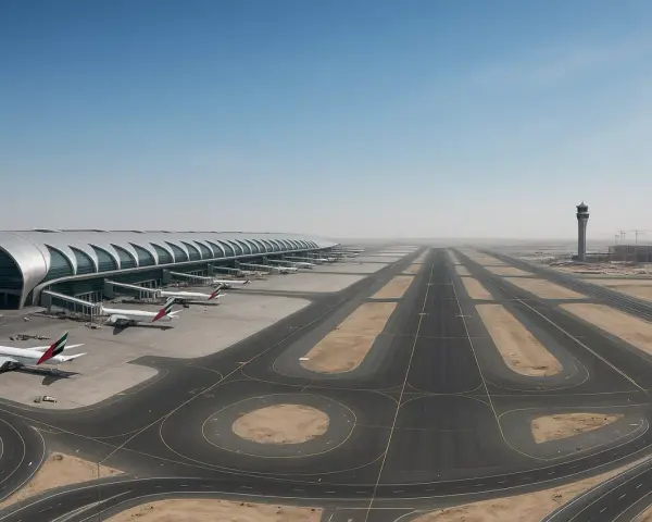 Nowoczesny terminal lotniczy z samolotami na płycie postojowej i pasami startowymi. To największe lotnisko na świecie, symbol globalnej łączności.