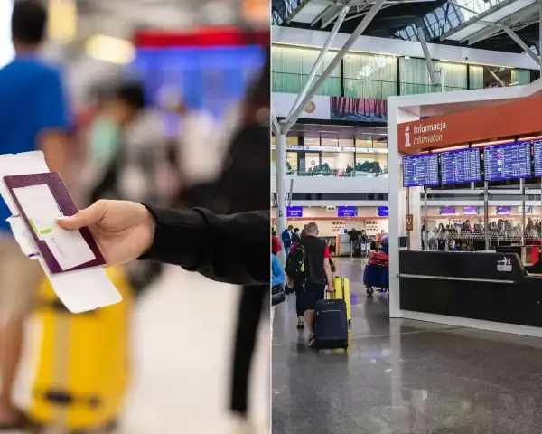 Odprawa na lotnisku. Ręka trzyma paszport i kartę pokładową, w tle ludzie z bagażami i tablice informacyjne.