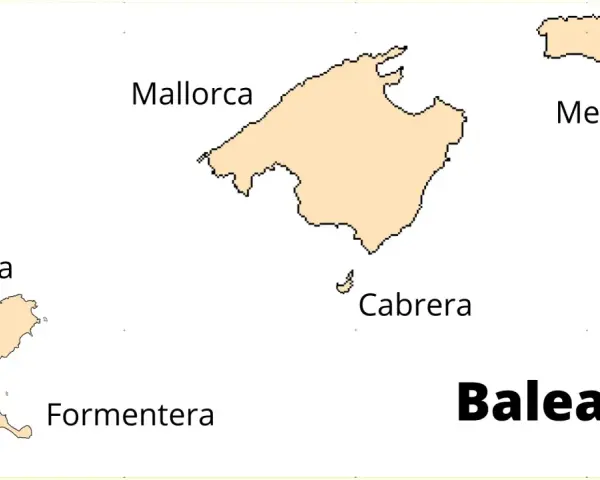 Mapa przedstawiająca wyspy hiszpanii: Majorkę, Minorkę, Ibizę, Formenterę i Cabrerę, tworzące archipelag Baleary.