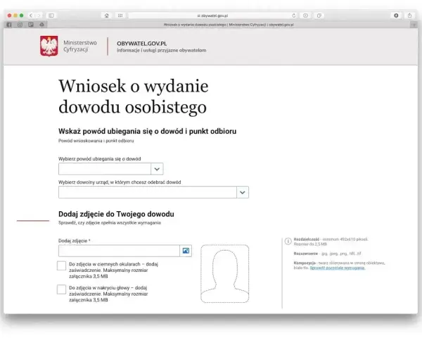 Formularz wniosku o dowód osobisty. Zastanawiasz się, ile czeka się na dowód? Tutaj wybierasz powód, urząd odbioru i dodajesz zdjęcie.