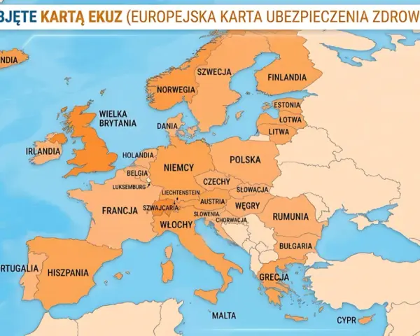 Mapa Europy z zaznaczonymi krajami objętymi EKUZ. Zastanawiasz się, jakie ubezpieczenie turystyczne wybrać? EKUZ to podstawa.