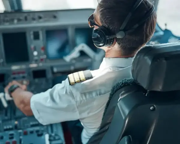 Pilot samolotu w słuchawkach i okularach przeciwsłonecznych, siedzący w kokpicie.