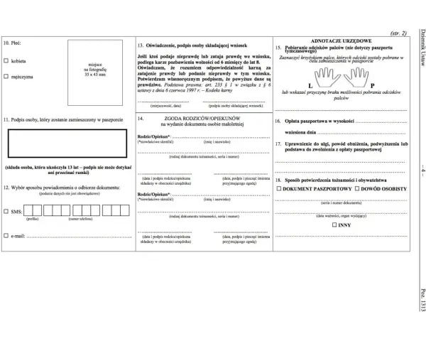Formularz wniosku o paszport, sekcja 11: podpis osoby, która zostanie zamieszczony w paszporcie.