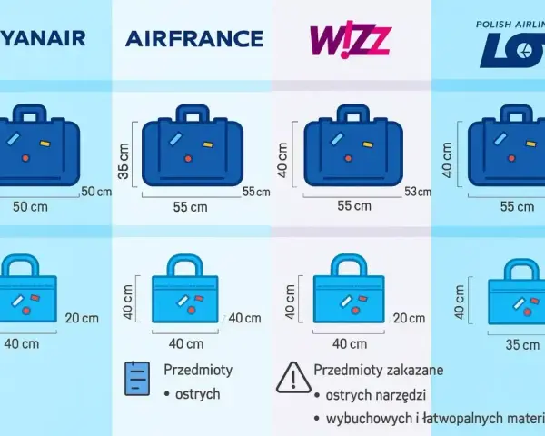 Porównanie wymiarów bagażu podręcznego i rejestrowanego dla linii lotniczych Ryanair, Air France, Wizz Air i LOT.