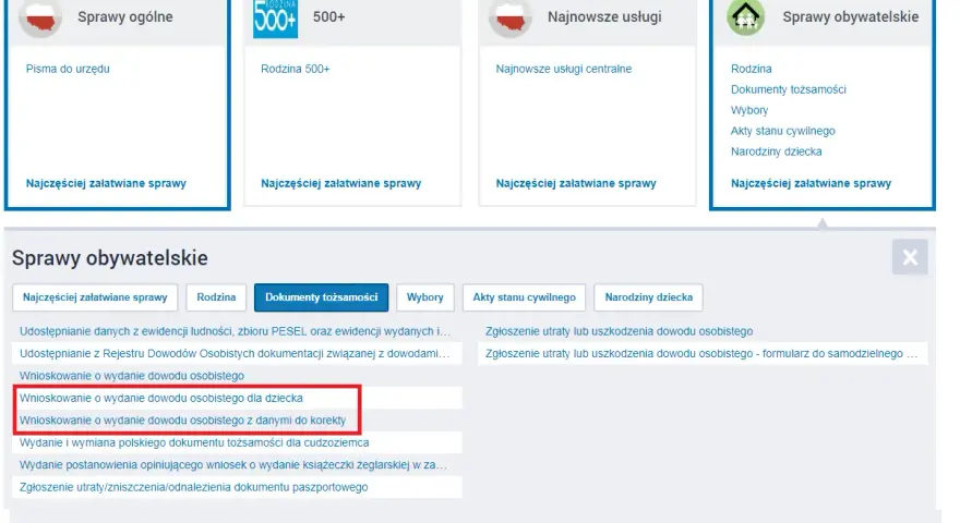 Wnioskowanie o wydanie dowodu osobistego dla dziecka online. Sekcja "Sprawy obywatelskie" zawiera opcję wnioskowania o dokument dla dziecka.