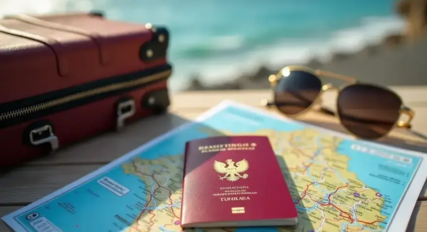 Walizka, mapa, okulary i paszport. Czy do Tunezji potrzebny paszport? Tak, do podróży do Tunezji potrzebny jest paszport.