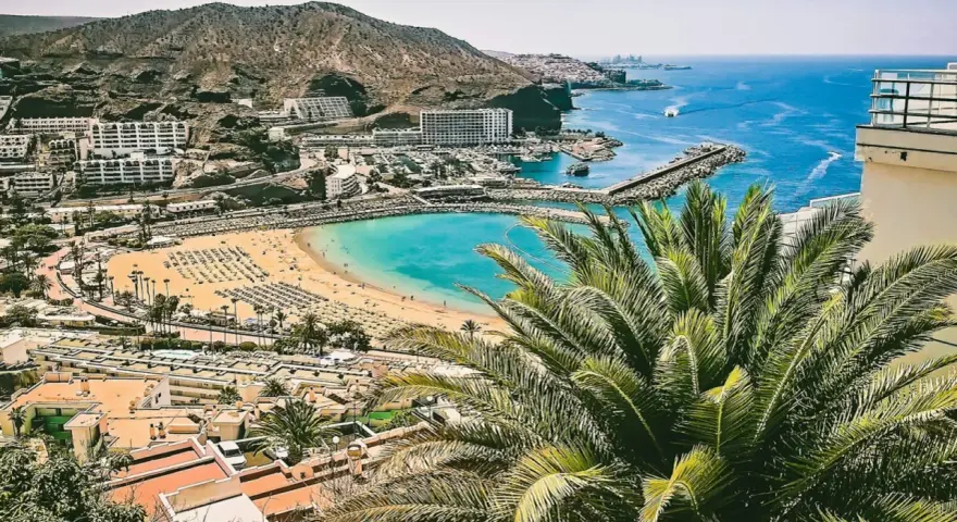 Widok na zatokę z plażą, hotelem i palmami. Zastanawiasz się, ile się leci na Wyspy Kanaryjskie?