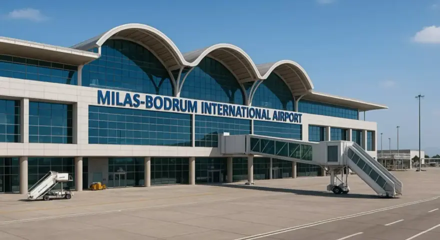 Nowoczesny budynek lotniska Milas-Bodrum International Airport z charakterystycznymi łukami dachu i przeszkloną fasadą.