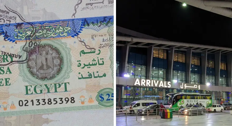 Wiza do Egiptu na lotnisku. Stempel w paszporcie i budynek lotniska z napisem "ARRIVALS".