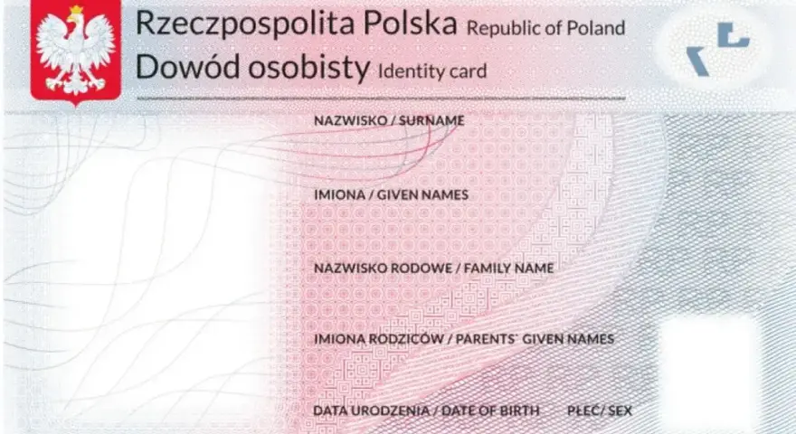 Wniosek o dowód osobisty - wzór polskiego dokumentu tożsamości z danymi: nazwisko, imiona, nazwisko rodowe, imiona rodziców, data urodzenia, płeć.