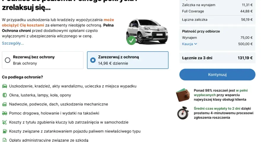 Wybierz pełne pokrycie dla wynajmu samochodu na Sycylii. Ochrona obejmuje uszkodzenia, kradzież i inne zdarzenia.