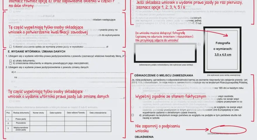 Formularz wniosku o wydanie prawa jazdy, z zaznaczonym polem dotyczącym ruchu lewostronnego.