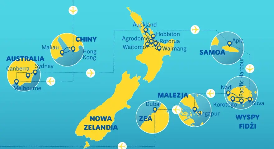 Mapa pokazuje podróże po Pacyfiku, łącząc Nową Zelandię z Australią, Chinami, Malezją, Samoo i Fidżi.