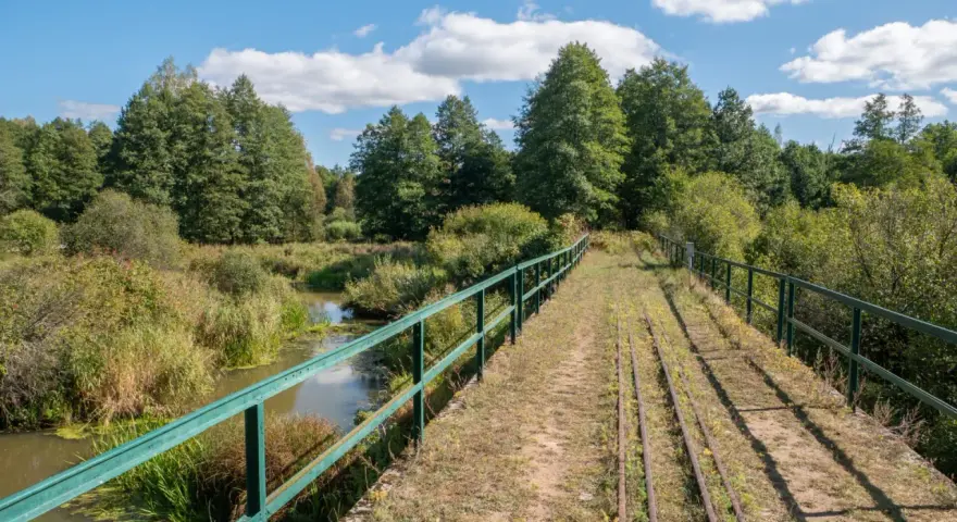 Most starych torów kolejowych nad rzeką w najstarszym parku narodowym w Polsce.