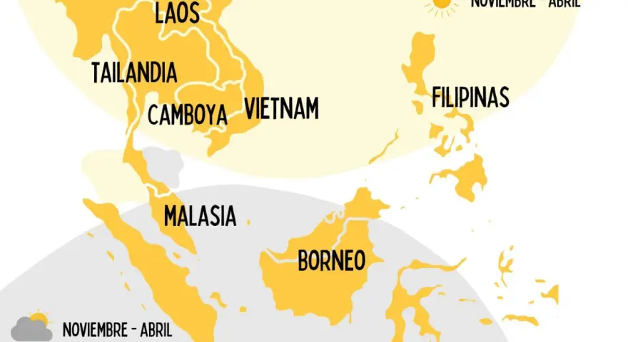 Mapa Azji Południowo-Wschodniej z zaznaczoną Malezją. Podpowiada, kiedy jechać: maj-październik lub listopad-kwiecień.