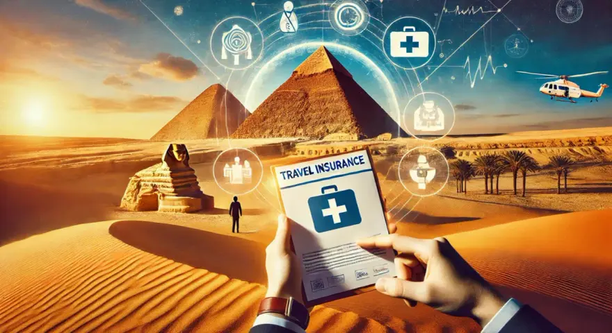 Ubezpieczenie turystyczne Egipt: Piaskowe wydmy, piramidy i Sfinks. W rękach dokument "Travel Insurance" z symbolem apteczki. W tle helikopter i ikony medyczne.