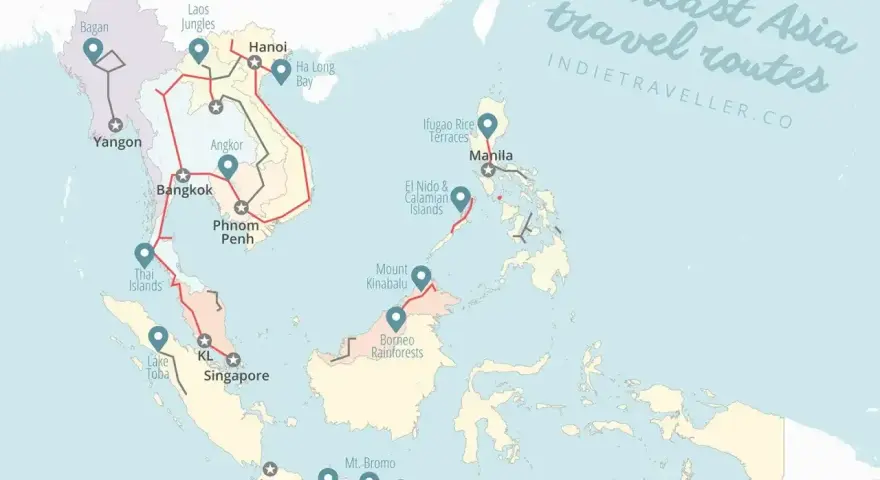 Mapa tras podróżniczych po Azji Południowo-Wschodniej. Filipiny, z Manilą i El Nido, znajdują się na wschód od Malezji i Indonezji.