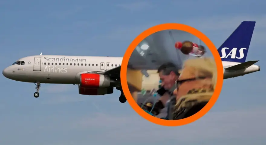 Samolot SAS Scandinavian Airlines na lądowanie. W okręgu widać pasażerów i personel pokładowy.