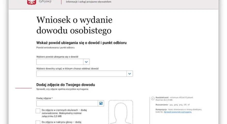 Formularz wniosku o wydanie dowodu osobistego. Wybierasz powód ubiegania się o nowy dokument i urząd, gdzie chcesz go odebrać.