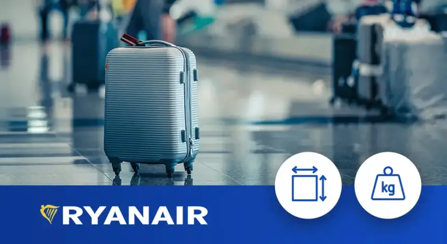 Walizka na lotnisku, symbolizująca bagaż rejestrowany Ryanair 20 kg wymiary.