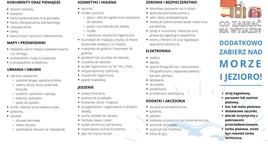 Co zabrać na wakacje nad morze z dzieckiem? Lista rzeczy: dokumenty, kosmetyki, ubrania, jedzenie, leki, elektronika, akcesoria plażowe.