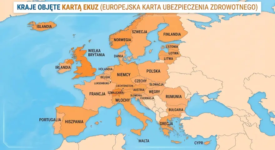 Mapa Europy z zaznaczonymi krajami objętymi EKUZ. Zastanawiasz się, jakie ubezpieczenie turystyczne wybrać? EKUZ to podstawa.