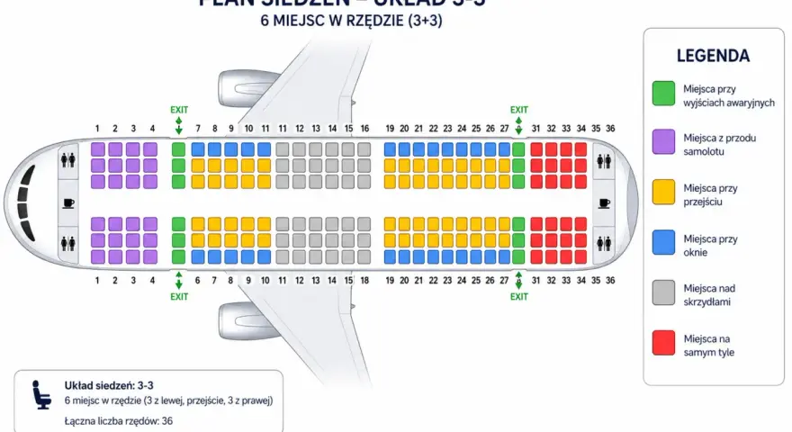 Plan siedzeń 3-3. Zielone miejsca przy wyjściach awaryjnych to idealne miejsce, by szybko opuścić samolot.