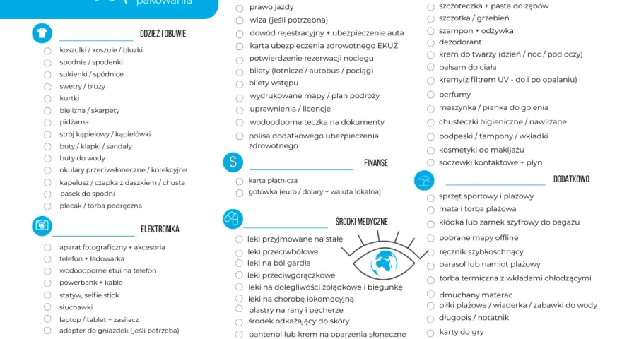 Checklista pakowania: co zabrać na wakacje – odzież, dokumenty, kosmetyki, leki i inne niezbędne rzeczy.