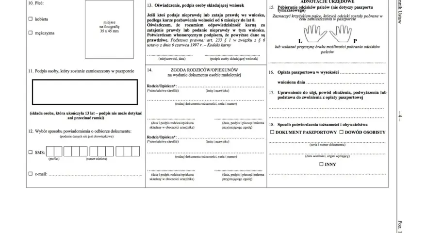 Formularz wniosku o paszport, sekcja 11: podpis osoby, która zostanie zamieszczony w paszporcie.