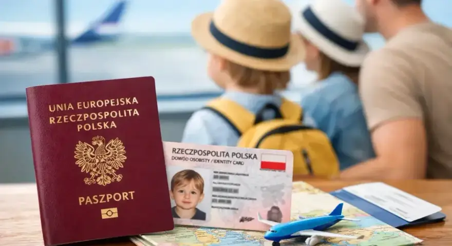 Polski paszport i dowód osobisty (eea national id card co to) na tle rodziny czekającej na samolot.