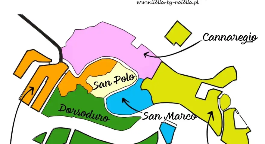 Mapa Wenecji z zaznaczonymi dzielnicami: Cannaregio, Castello, Dorsoduro, San Marco, San Polo, Santa Croce. Idealna do planowania 4-dniowej wycieczki do Wenecji.
