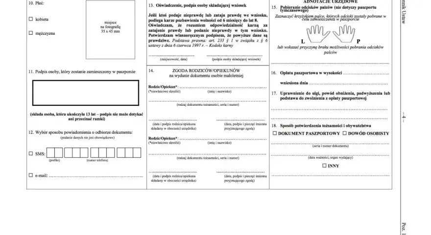 Formularz wniosku o paszport, sekcja dotycząca zgody rodziców/opiekunów na wydanie dokumentu osobie małoletniej.