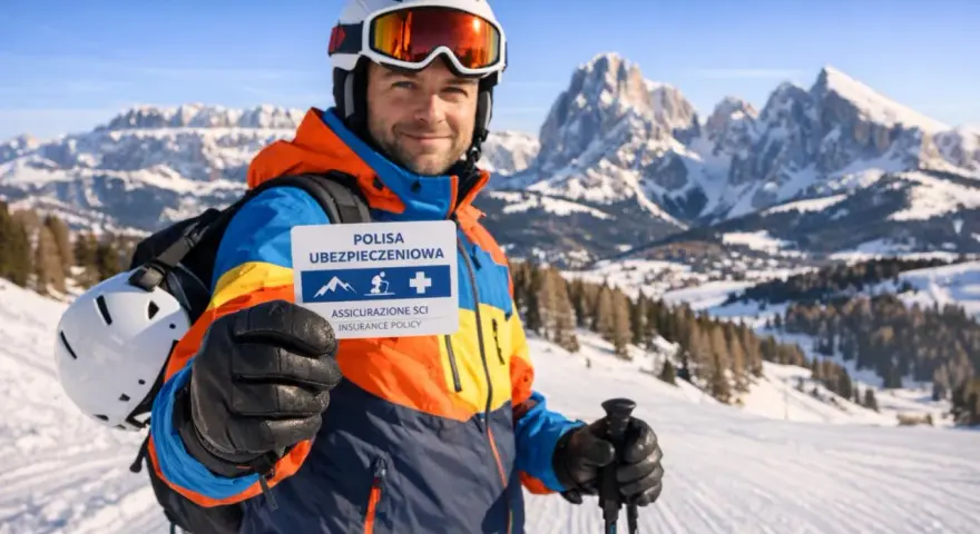 Narciarz w Dolomitach trzyma kartę "Polisa Ubezpieczeniowa" - idealna na narty we Włoszech. Bezpieczeństwo przede wszystkim!