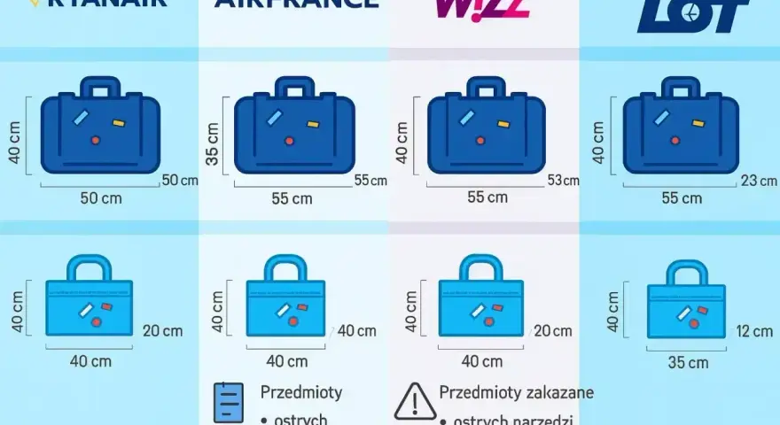 Wymiary bagażu podręcznego Ryanair: 50x40x20 cm. Porównanie z innymi liniami lotniczymi.