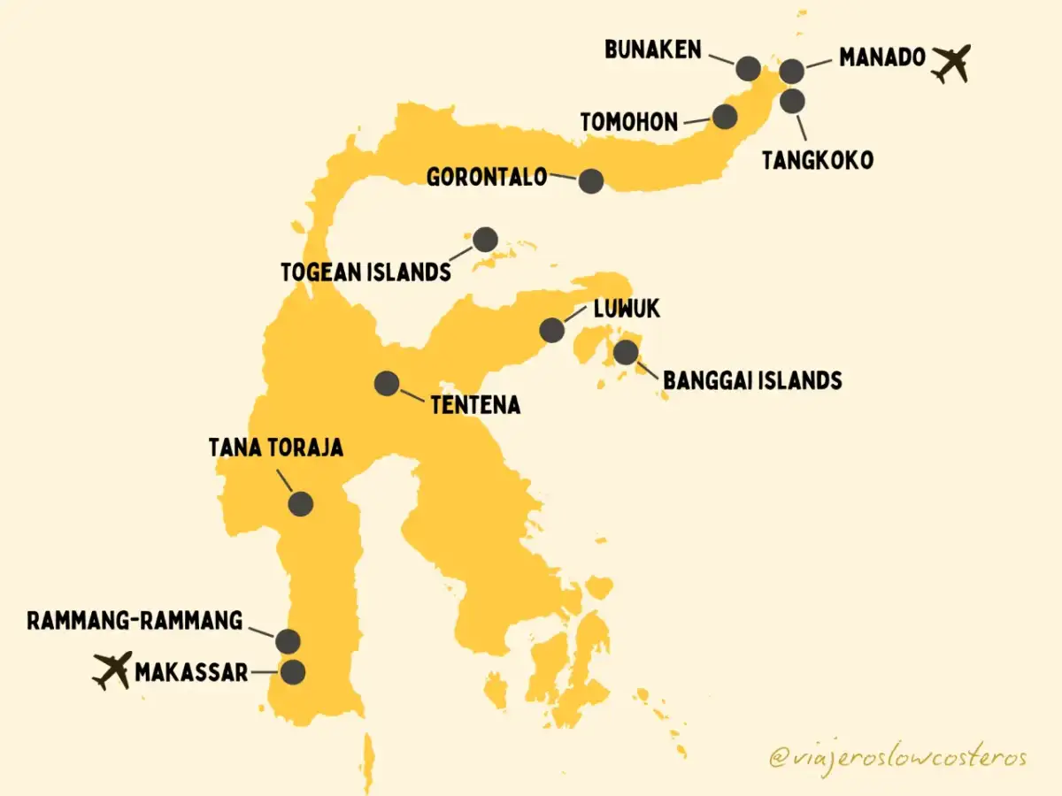 Mapa turystyczna wyspy Celebes z zaznaczonymi atrakcjami: Manado, Tana Toraja, Makassar.