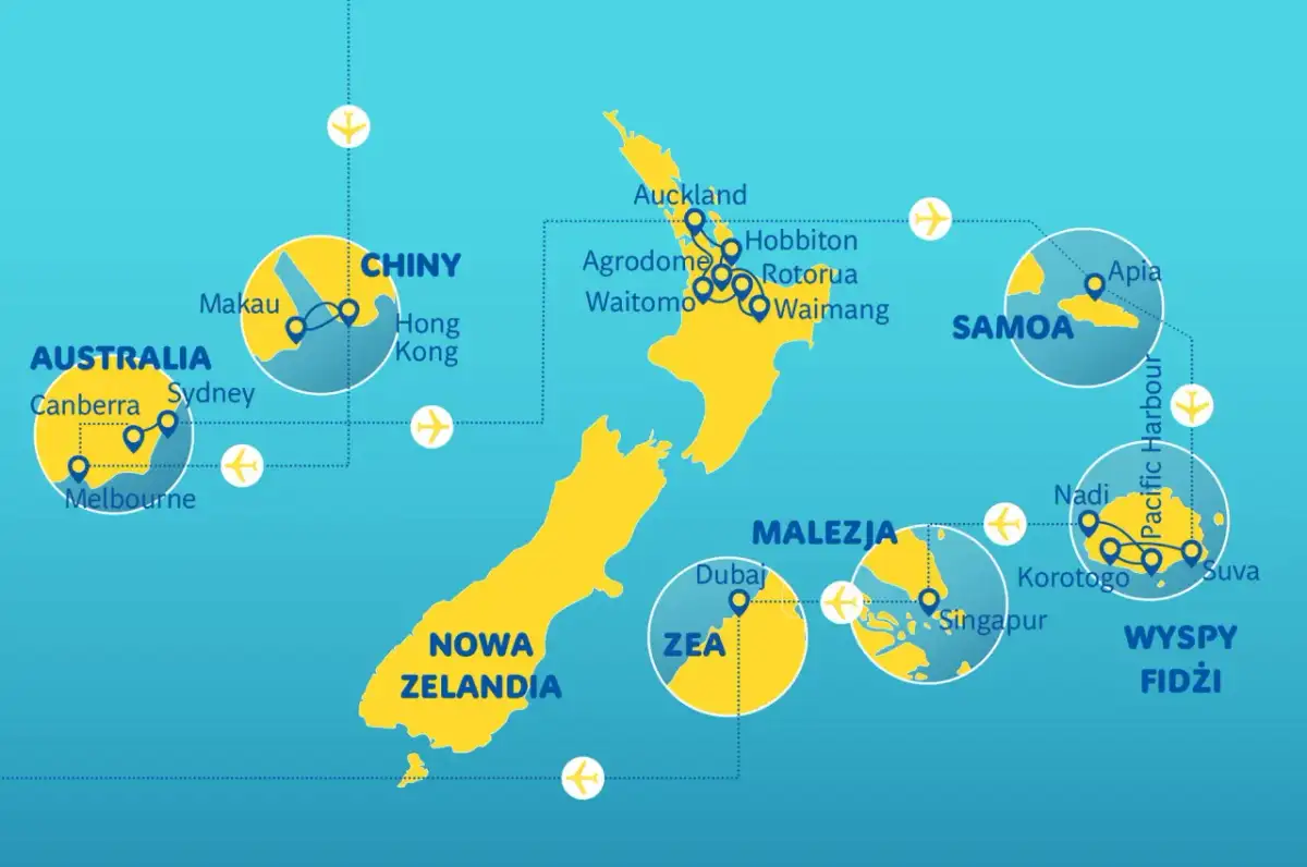 Mapa pokazuje podróże po Pacyfiku, łącząc Nową Zelandię z Australią, Chinami, Malezją, Samoo i Fidżi.