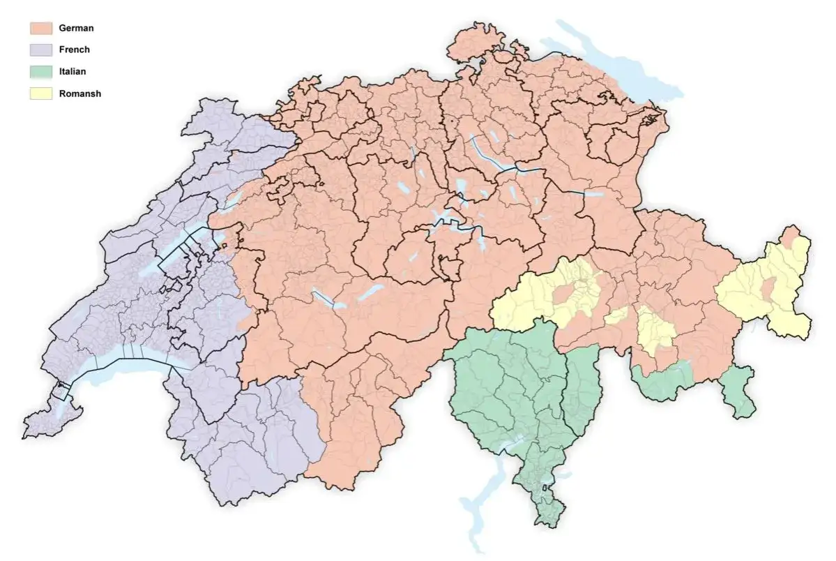 Mapa Szwajcarii z podziałem na regiony językowe: niemiecki (pomarańczowy), francuski (fioletowy), włoski (zielony) i retoromański (żółty).