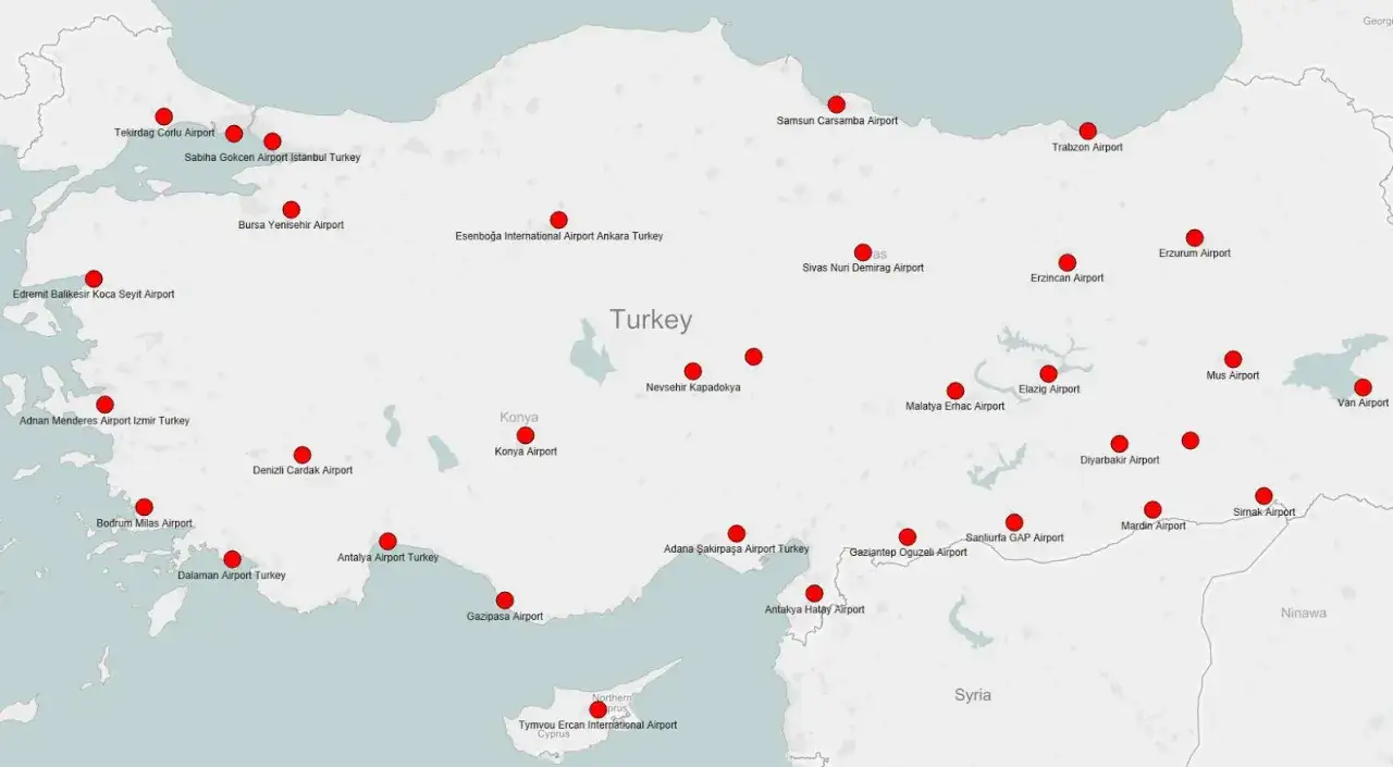 Mapa z zaznaczonymi lotniskami w Turcji. Odwiedź te lotniska w Turcji, by odkryć piękno kraju.
