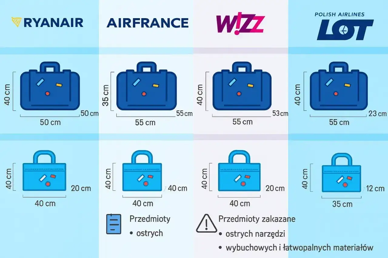 Porównanie wymiarów bagażu podręcznego linii lotniczych: Ryanair, Air France, Wizz Air, LOT. Sprawdź, co możesz zabrać na pokład.