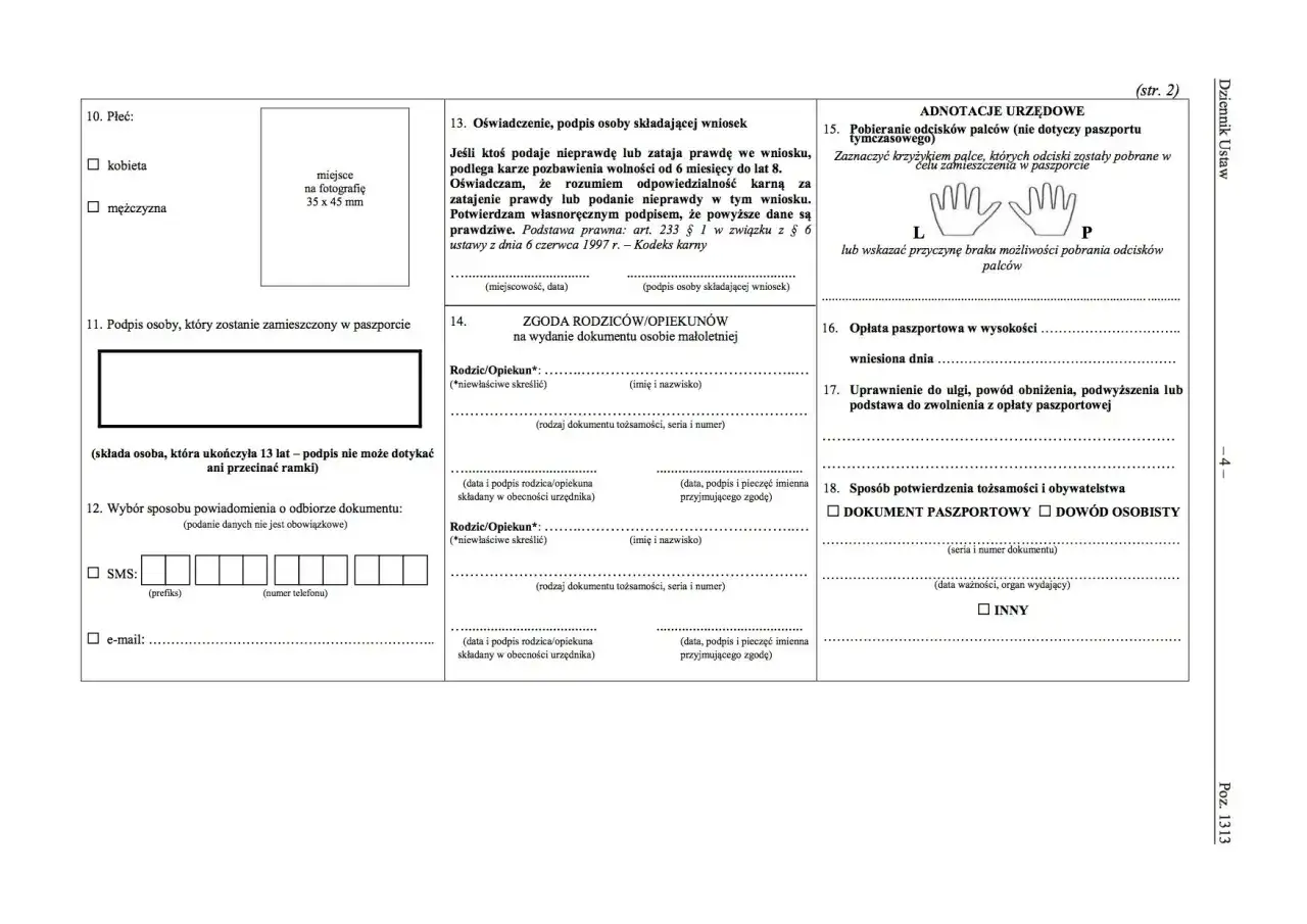 Formularz wniosku o paszport, zawiera pola do wypełnienia dotyczące danych osobowych, zgody rodziców i sposobu odbioru dokumentu.