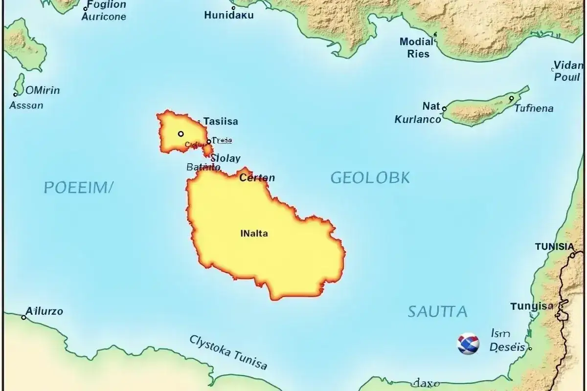 Mapa pokazuje, że wyspa Malta, z miastami jak INalta i Tasiisa, należy do Europy, leżąc między POEEIM/ a SAUTTA.