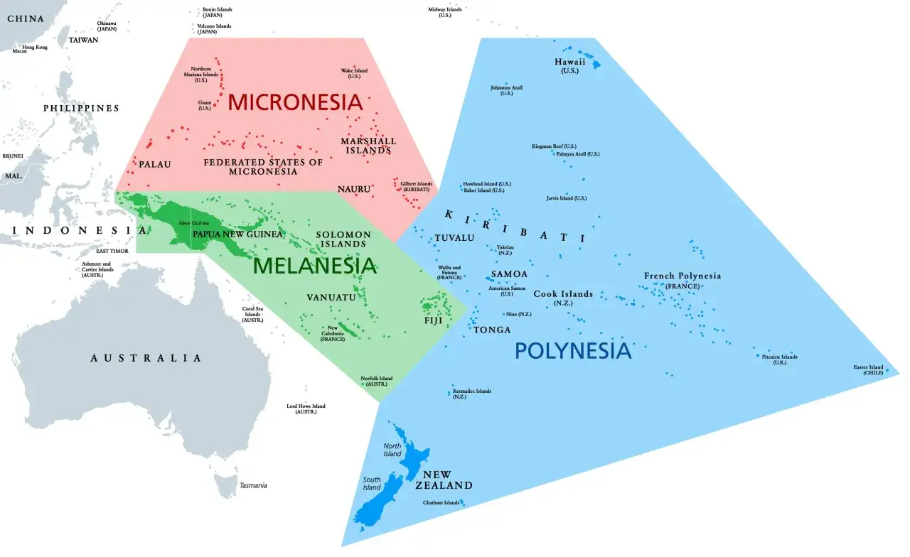 Mapa przedstawiająca podział wysp na Pacyfiku na Mikronezję, Melanezję i Polinezję.