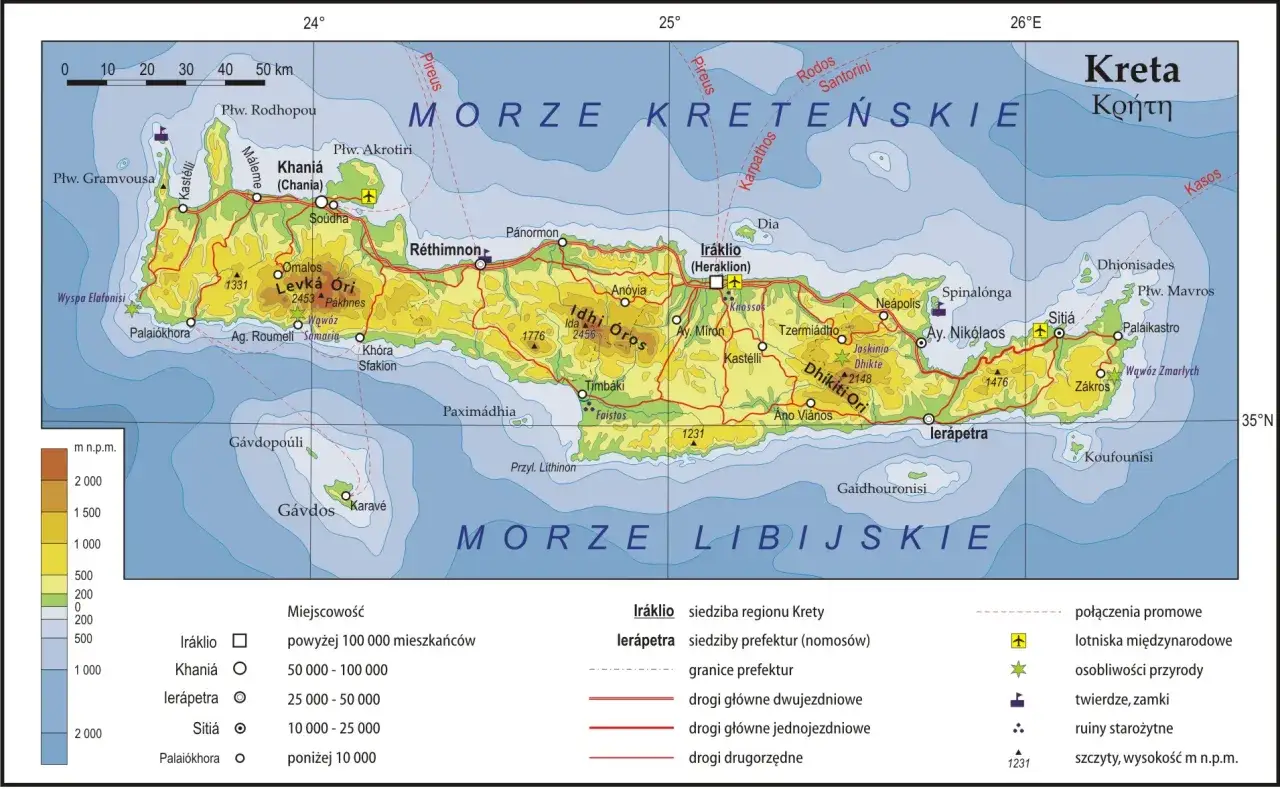 Kreta leży nad Morzem Kreteńskim na północy i Morzem Libijskim na południu. Mapa pokazuje górzysty teren i główne miasta.