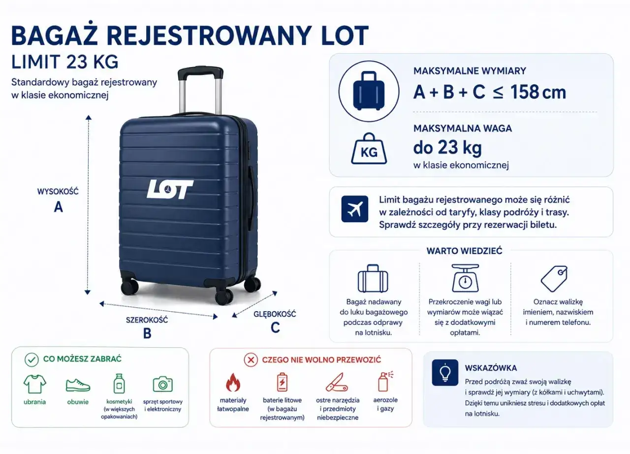Bagaż rejestrowany LOT: limit 23 kg, wymiary A+B+C ≤ 158 cm. Sprawdź wymiary walizki przed podróżą.
