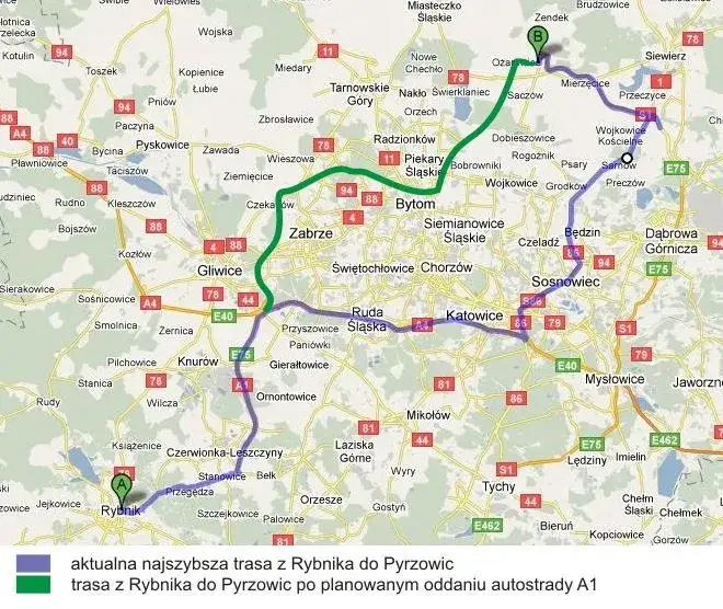 Mapa trasy Katowice Pyrzowice samochodem