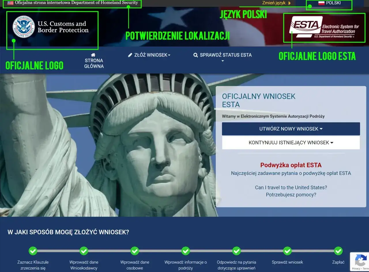 Oficjalna strona ESTA, gdzie złożysz wniosek o wizę do USA. Zobaczysz tu logo U.S. Customs and Border Protection i informacje o systemie autoryzacji podróży.