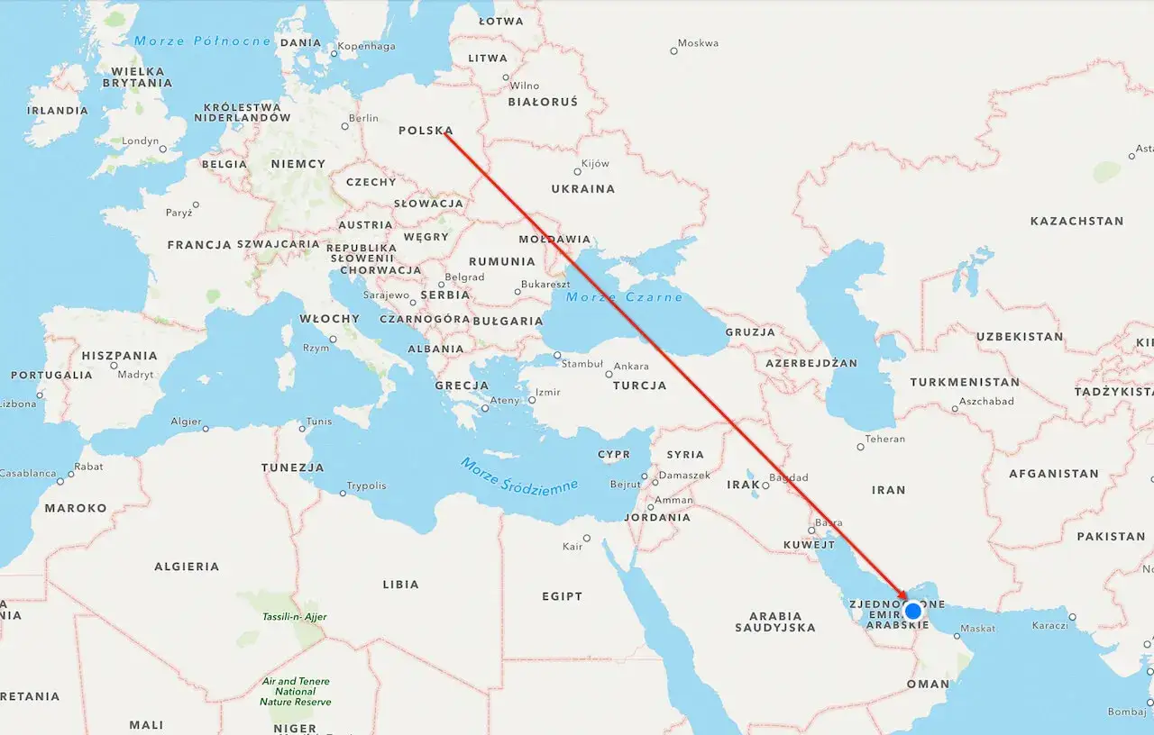 mapa trasy lotniczej Dubaj Polska