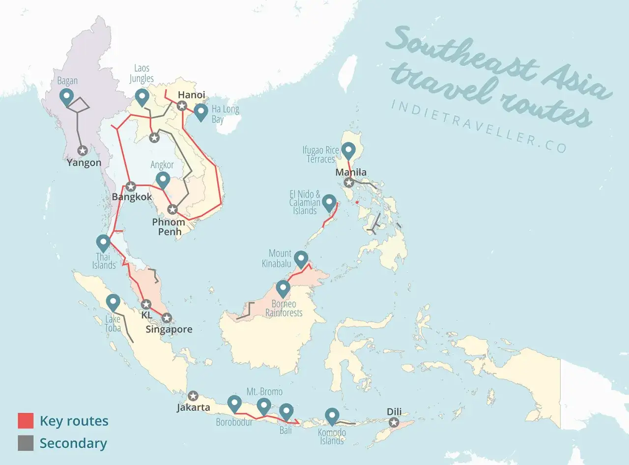 Mapa tras podróży po Azji Południowo-Wschodniej. Filipiny, z Manilą i El Nido, leżą na wschód od Malezji i Indonezji.
