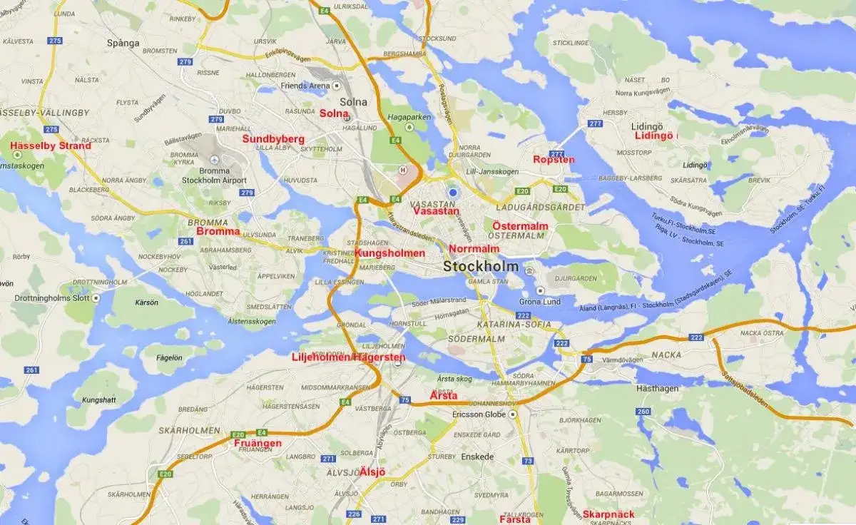Mapa Sztokholmu z zaznaczonymi dzielnicami