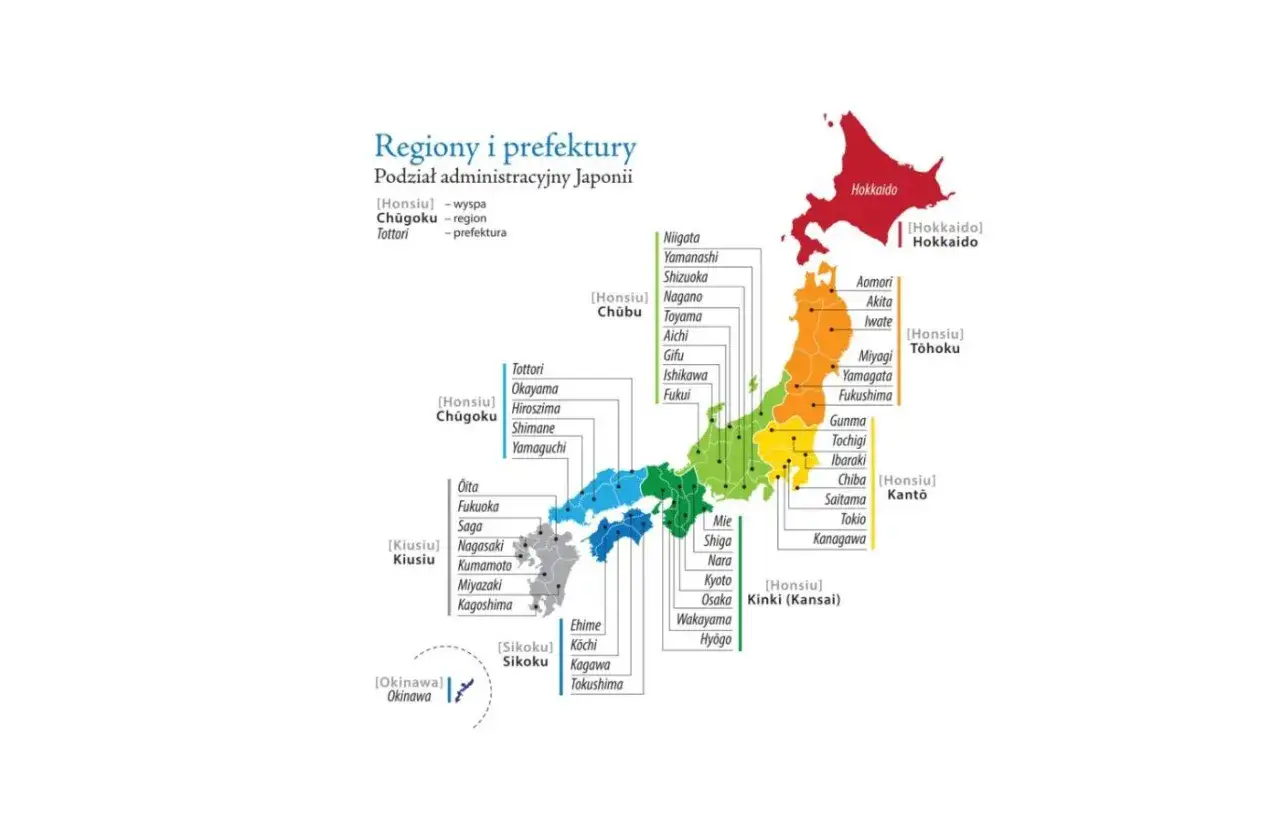 Mapa administracyjna Japonii, ukazująca główne wyspy i prefektury. Widoczne regiony to Hokkaido, Honsiu (z podziałem na Chubu, Chugoku, Tohoku, Kanto, Kinki), Kiusiu, Sikoku i Okinawa.